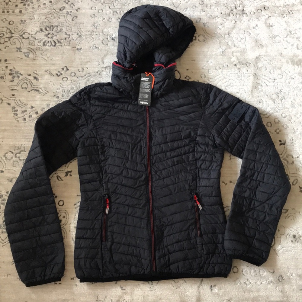 NWT SuperDry Size 4 Navy Quilted Jacket with hood